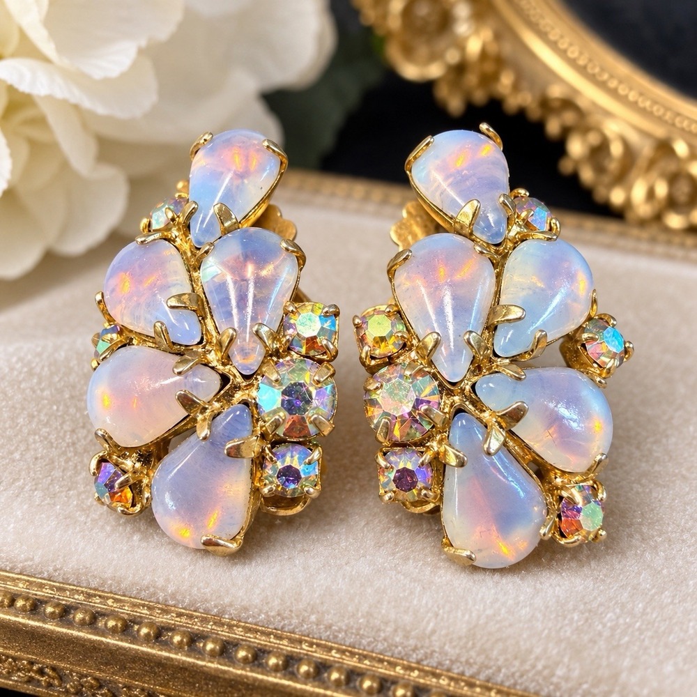 Vintage LERU Clip On Earrings 1" Opalescent Lucite AB Rhinestone Gold Tone